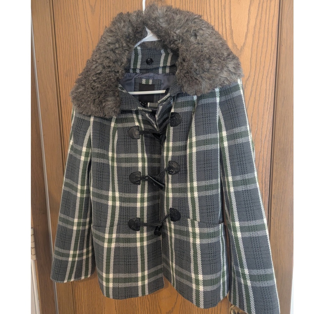 VTG The Limited Plaid Toggle Coat Gray Green Faux Fur Collar Wool Blend Medium